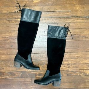 Lucky Brand Black Over-the-Knee Komah Boots Leather Suede Stacked Heel Size 7